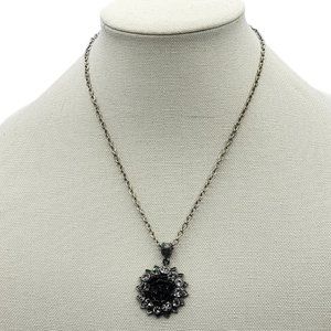 Vintage Necklace Signed 2028 Rose Pendant Rhinestones Silver Tone Black 21”